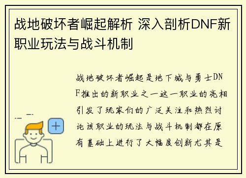 战地破坏者崛起解析 深入剖析DNF新职业玩法与战斗机制